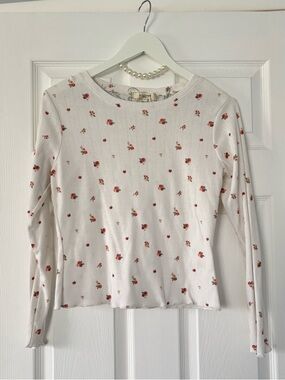 Women’s White Floral Long-Sleeve Ribbed Top